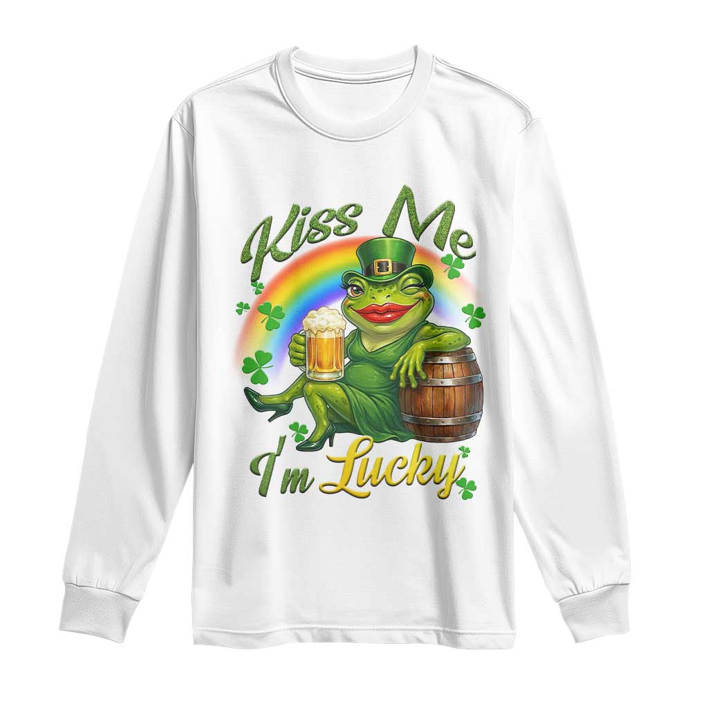 Funny Kiss Me I Am Lucky Long Sleeve Shirt St Patricks Day Frog TS12 White Print Your Wear