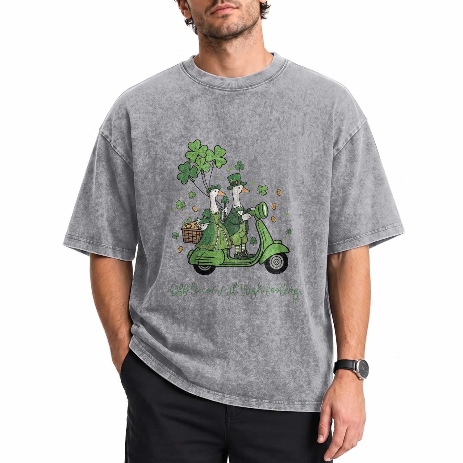 Funny Silly Irish Goose Washed Cotton T-Shirt Off To Commit Irish Foolery
