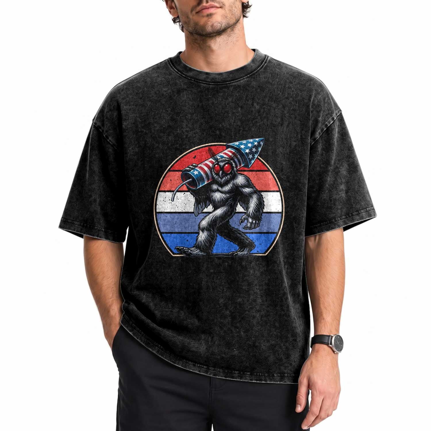 Funny Patriotic Mothman Washed Cotton T-Shirt West Virginia Cryptid Lover Gift