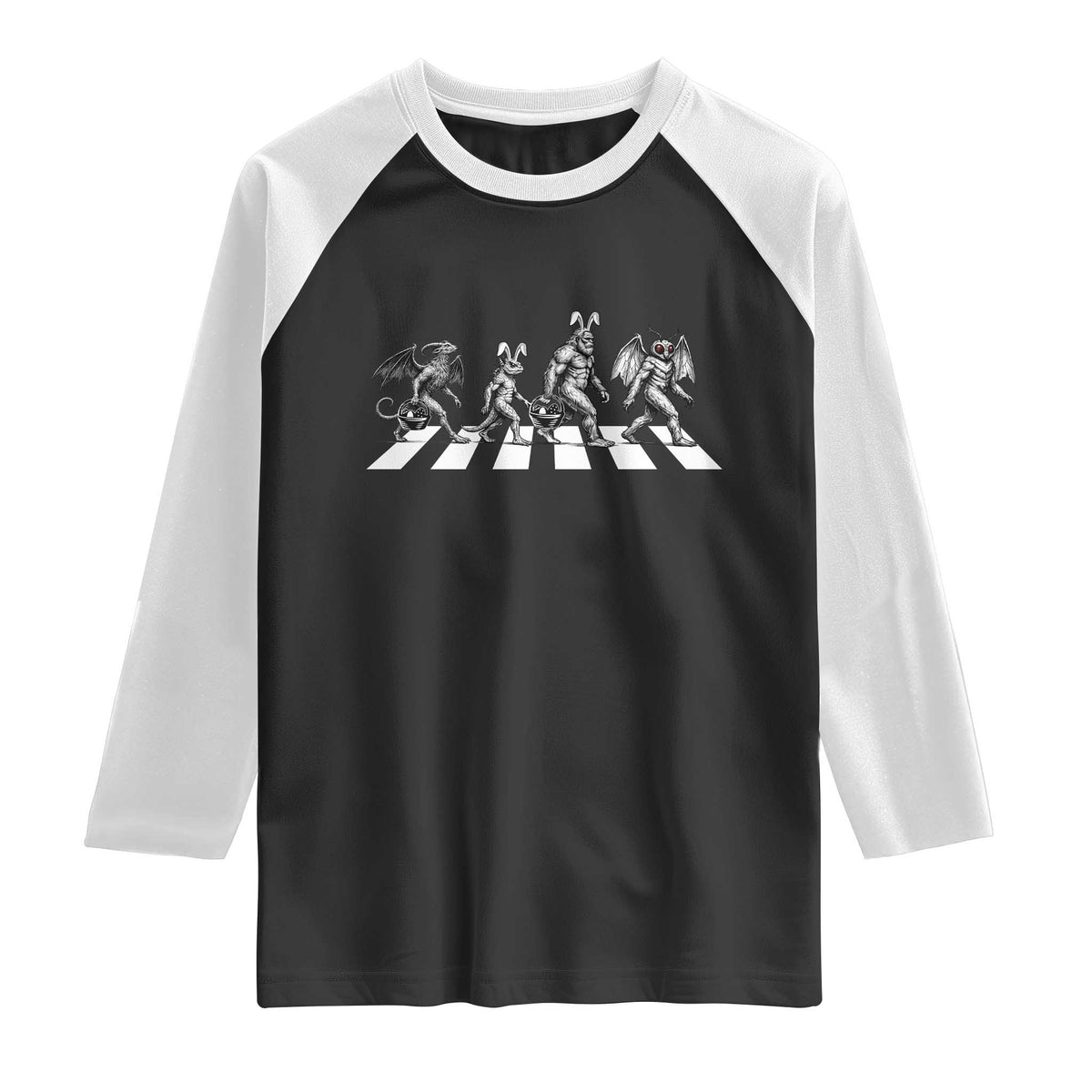 Funny Easter Cryptid Walk Raglan Shirt Bigfoot Mothman Jersey Devil Chupacabra TS12 Black White Print Your Wear