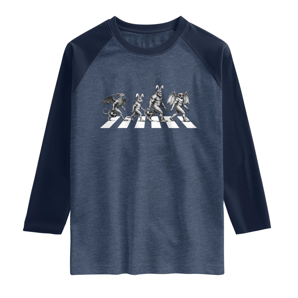 Funny Easter Cryptid Walk Raglan Shirt Bigfoot Mothman Jersey Devil Chupacabra TS12 Heather Denim Navy Print Your Wear