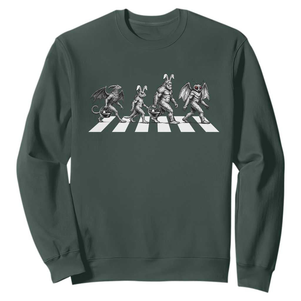 Funny Easter Cryptid Walk Sweatshirt Bigfoot Mothman Jersey Devil Chupacabra TS12 Dark Forest Green Print Your Wear
