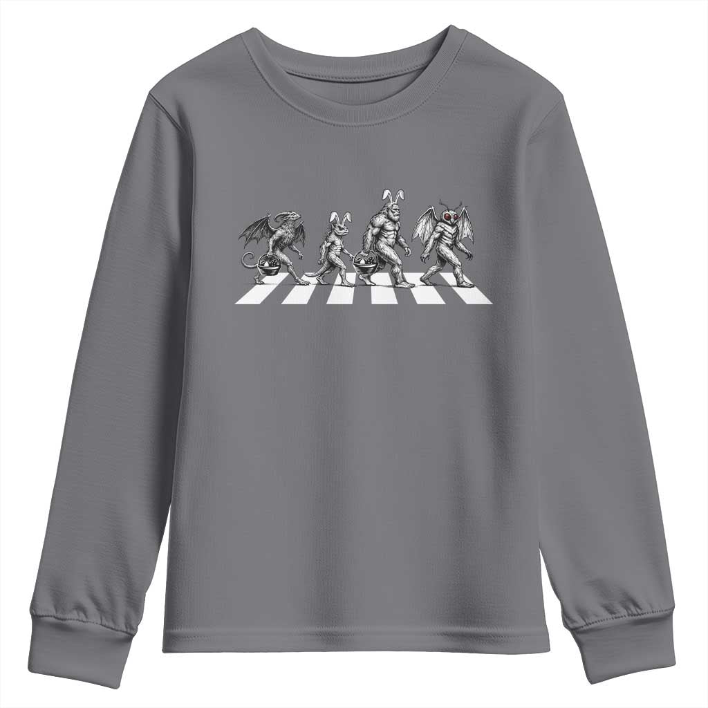 Funny Easter Cryptid Walk Youth Sweatshirt Bigfoot Mothman Jersey Devil Chupacabra TS12 Charcoal Print Your Wear