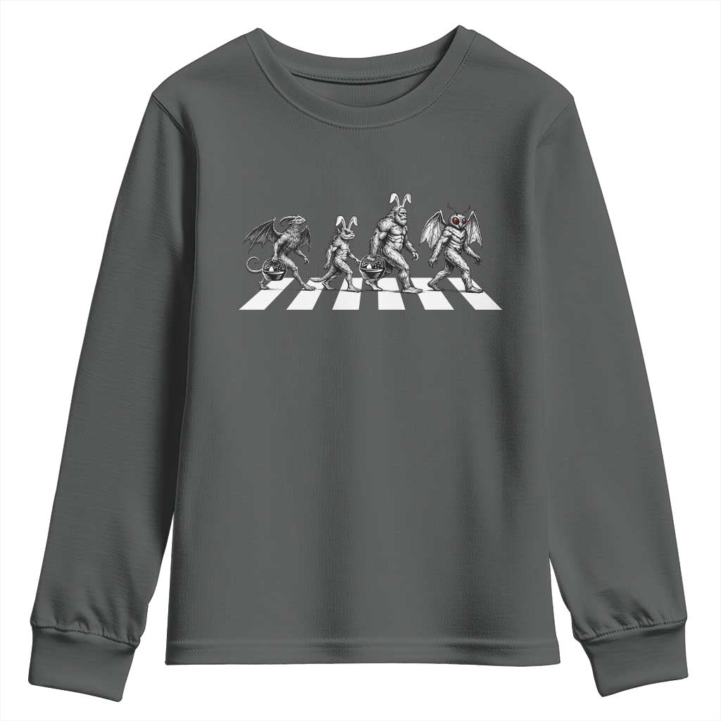 Funny Easter Cryptid Walk Youth Sweatshirt Bigfoot Mothman Jersey Devil Chupacabra TS12 Dark Heather Print Your Wear