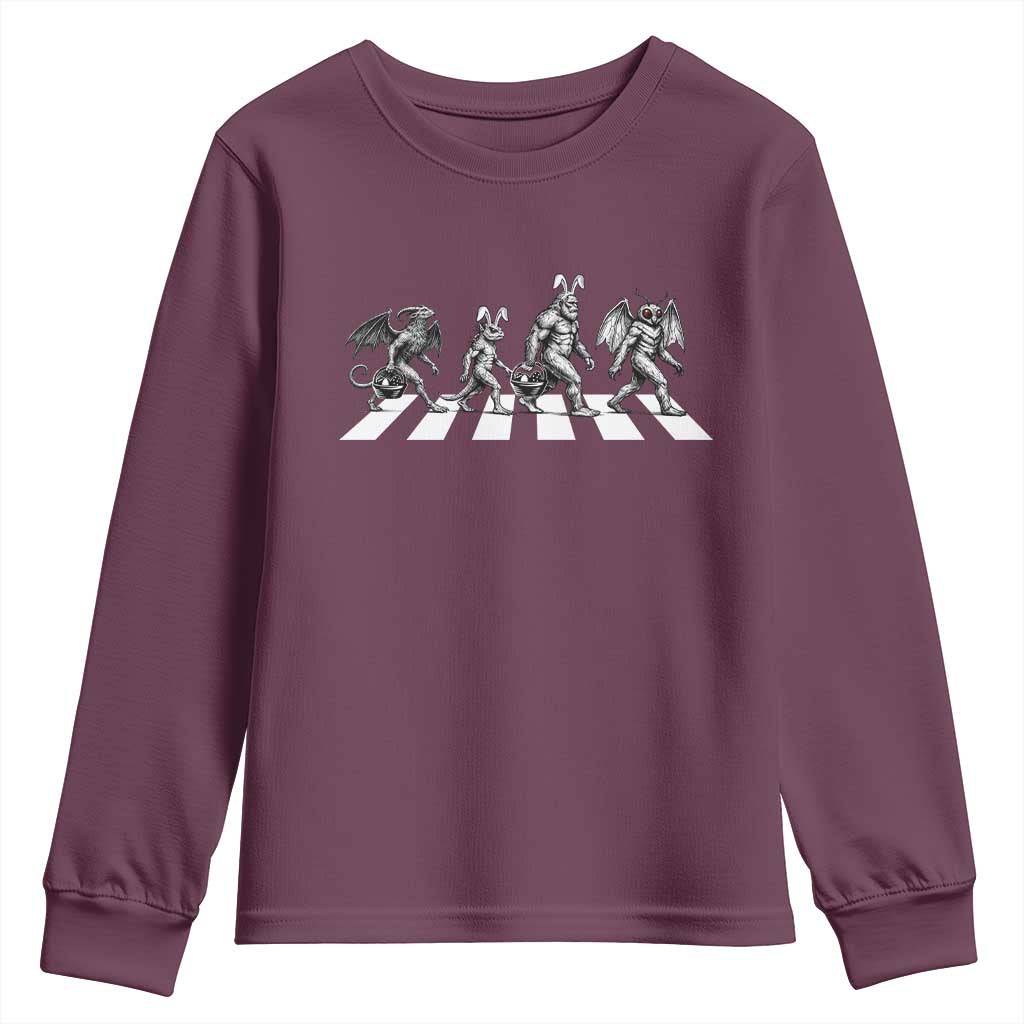 Funny Easter Cryptid Walk Youth Sweatshirt Bigfoot Mothman Jersey Devil Chupacabra TS12 Maroon Print Your Wear