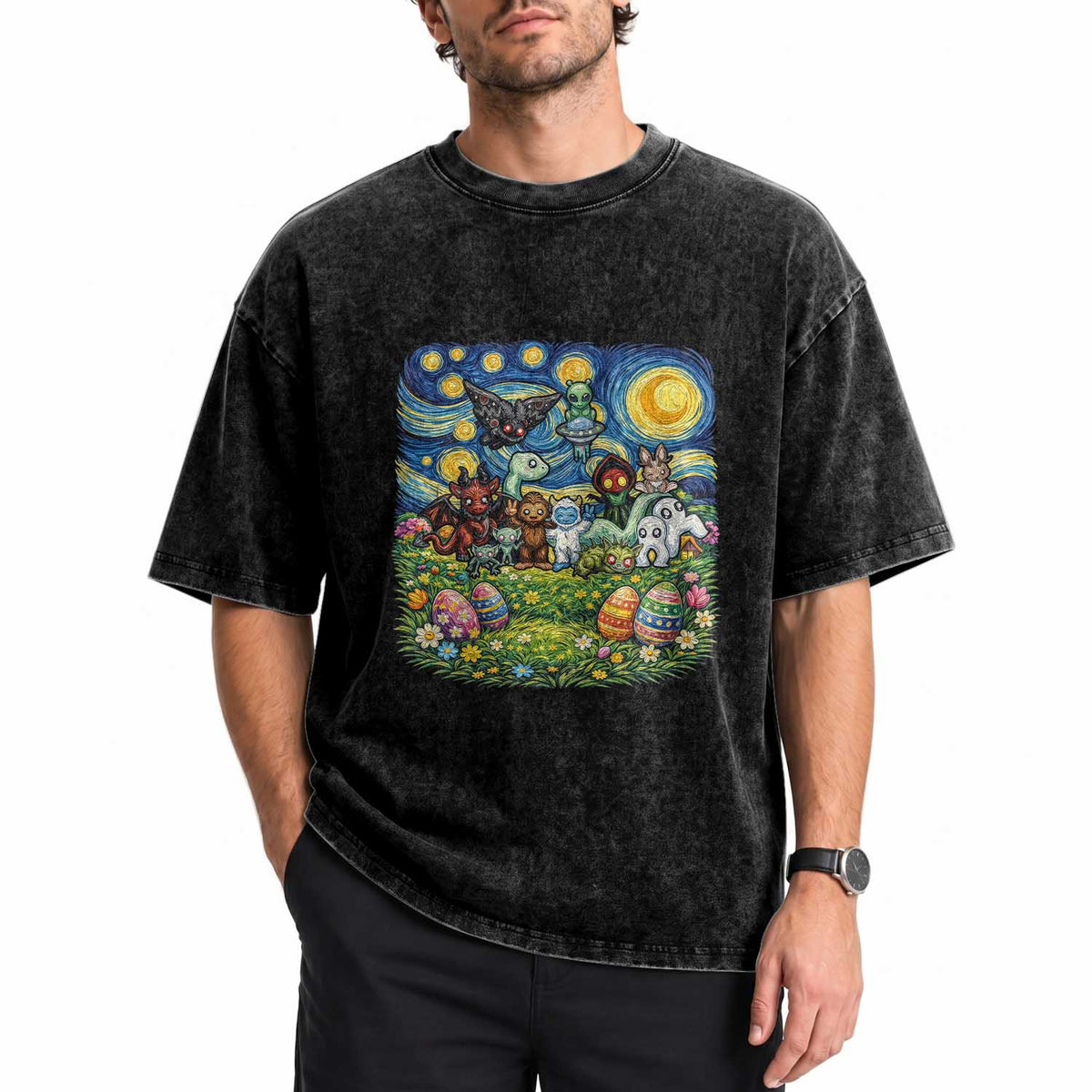 Funny Cryptid Starry Night Easter Washed Cotton T-Shirt Monster Lover Gift