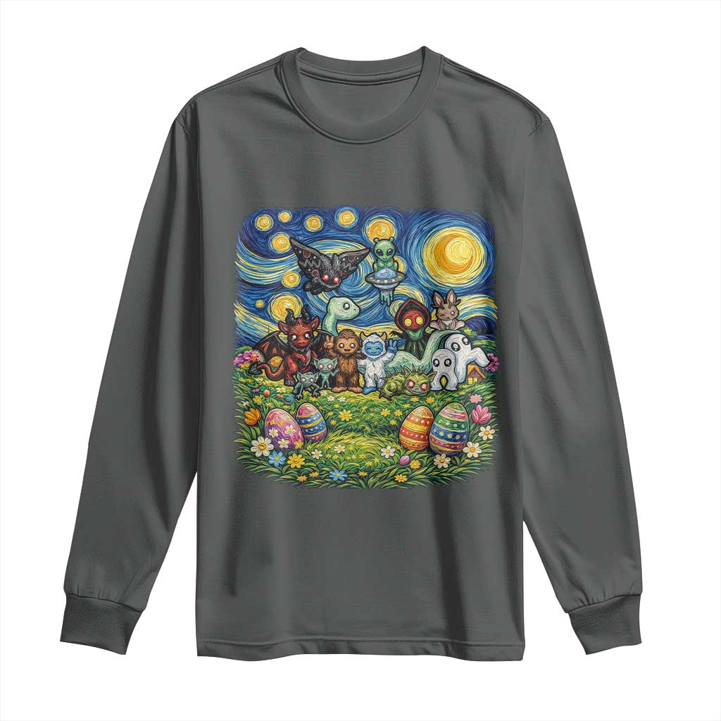 Funny Cryptid Starry Night Easter Long Sleeve Shirt Monster Lover Gift TS12 Dark Heather Print Your Wear