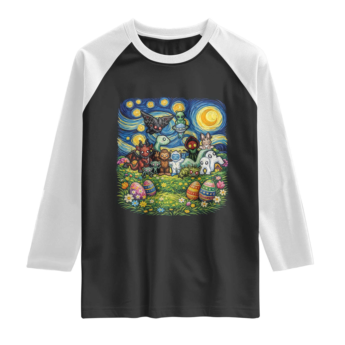 Funny Cryptid Starry Night Easter Raglan Shirt Monster Lover Gift TS12 Black White Print Your Wear