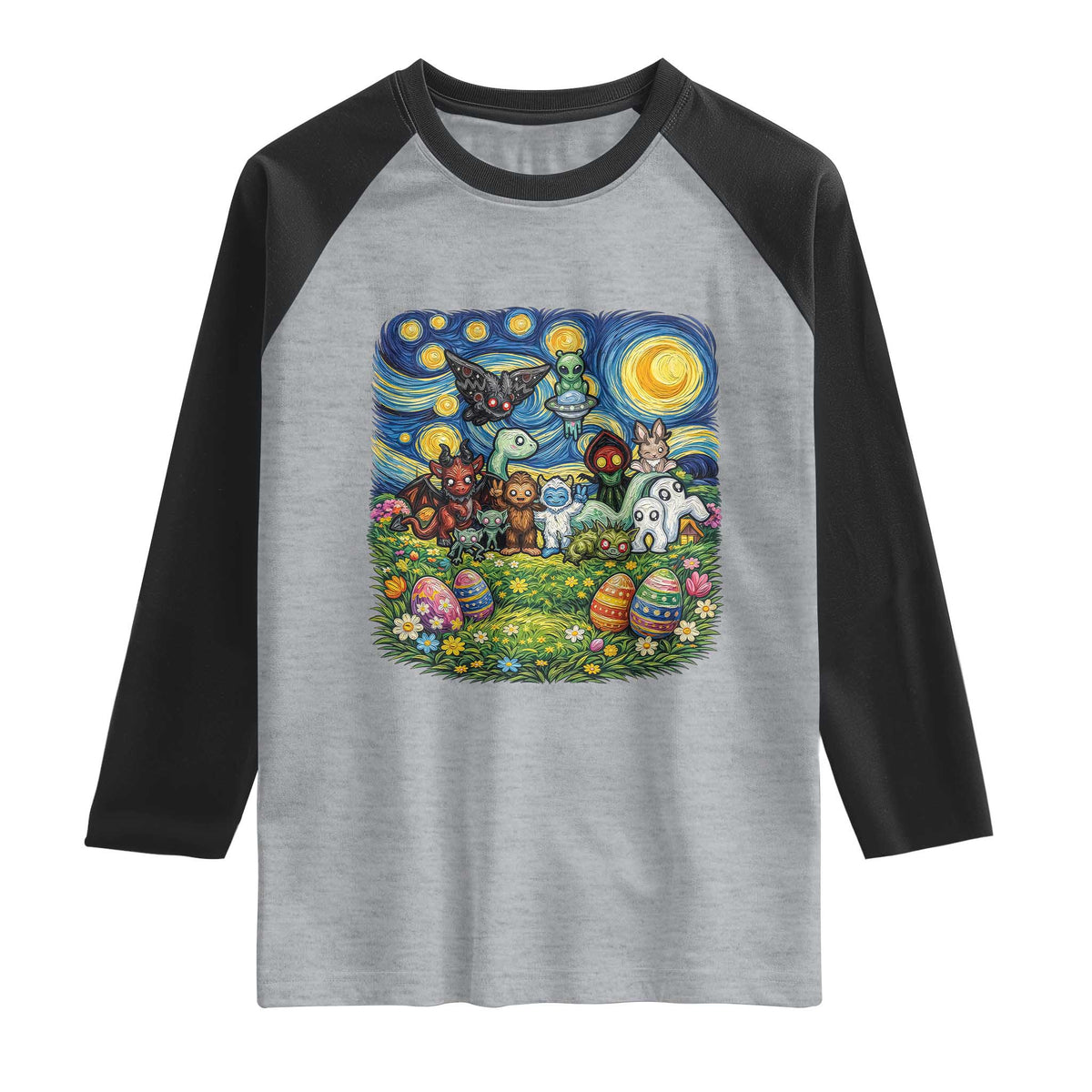 Funny Cryptid Starry Night Easter Raglan Shirt Monster Lover Gift TS12 Heather Gray Black Print Your Wear
