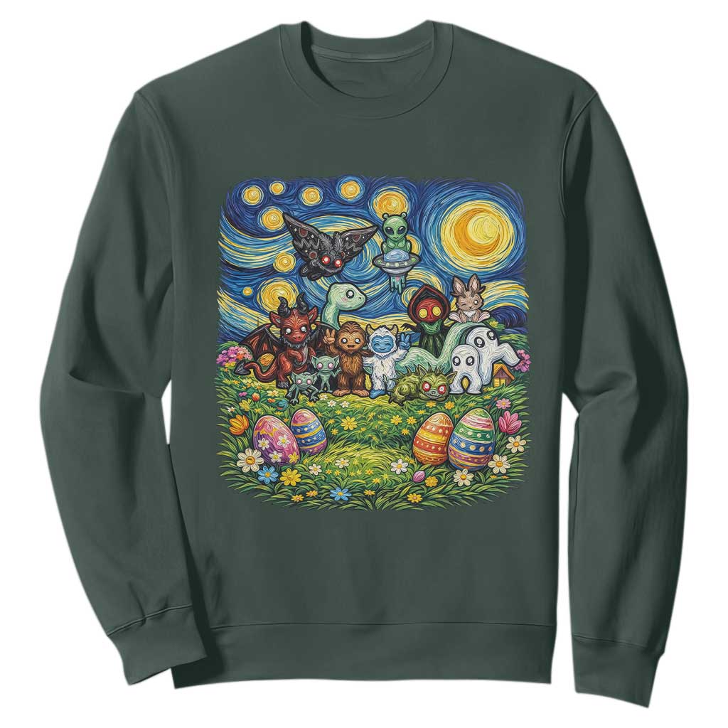 Funny Cryptid Starry Night Easter Sweatshirt Monster Lover Gift TS12 Dark Forest Green Print Your Wear