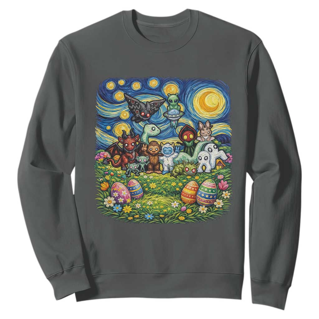 Funny Cryptid Starry Night Easter Sweatshirt Monster Lover Gift TS12 Dark Heather Print Your Wear