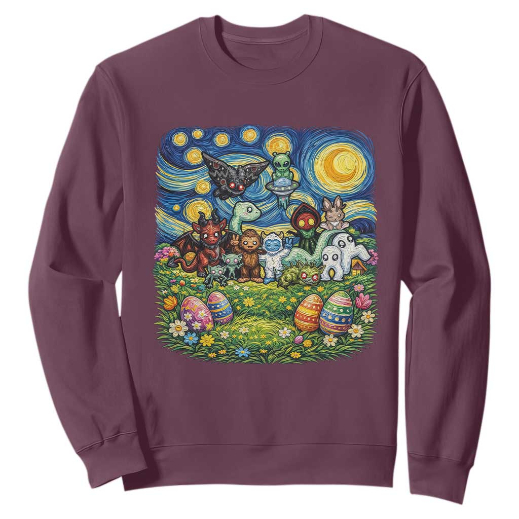 Funny Cryptid Starry Night Easter Sweatshirt Monster Lover Gift TS12 Maroon Print Your Wear