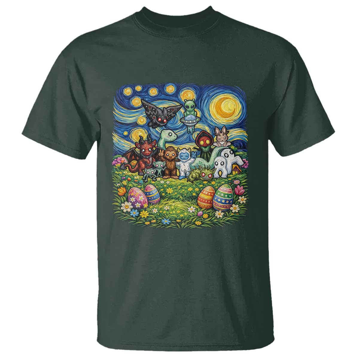 Funny Cryptid Starry Night Easter T Shirt Monster Lover Gift TS12 Dark Forest Green Print Your Wear
