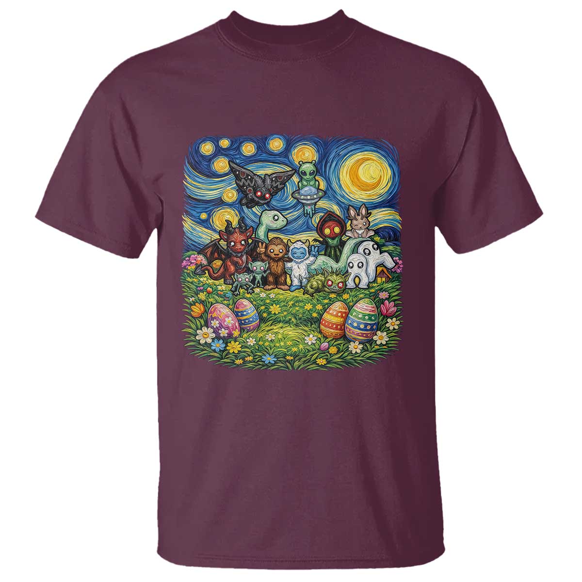 Funny Cryptid Starry Night Easter T Shirt Monster Lover Gift TS12 Maroon Print Your Wear