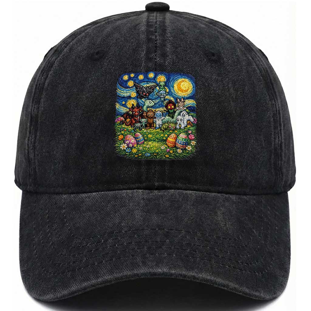 Funny Cryptid Starry Night Easter Washed Cotton Baseball Cap Monster Lover Gift TS12 Washed Cap Universal Fit Black Print Your Wear
