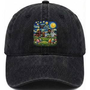 Funny Cryptid Starry Night Easter Washed Cotton Baseball Cap Monster Lover Gift TS12 Washed Cap Universal Fit Black Print Your Wear
