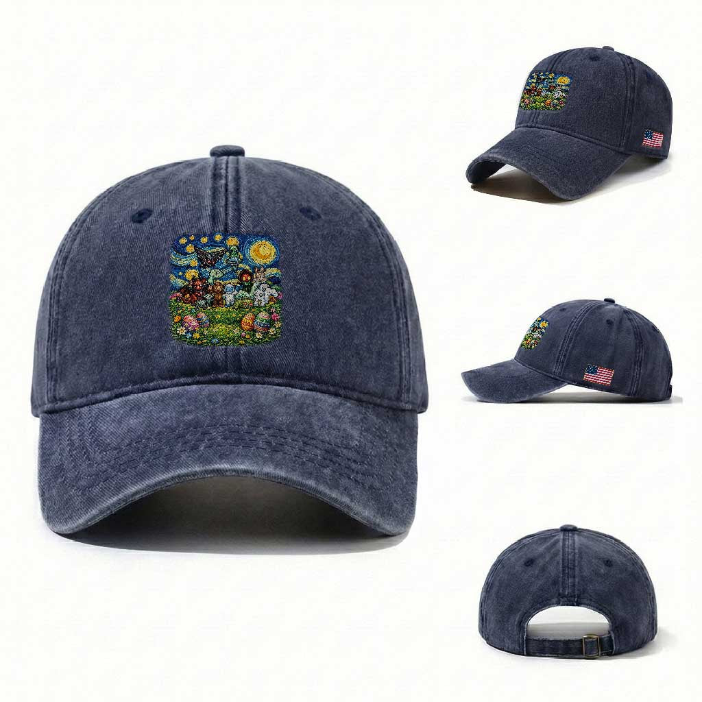 Funny Cryptid Starry Night Easter Washed Cotton Baseball Cap Monster Lover Gift TS12 Washed Cap Universal Fit Navy Print Your Wear