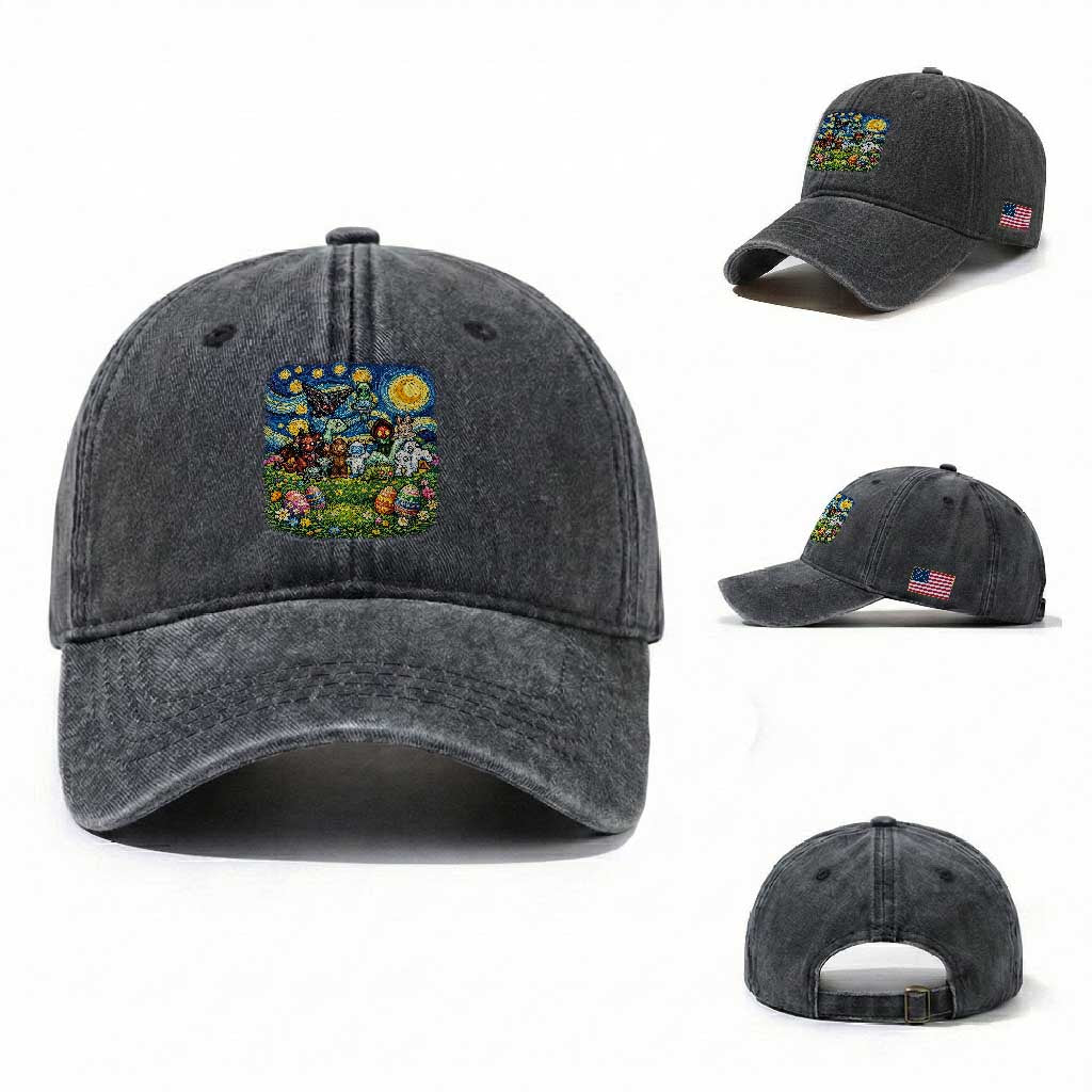 Funny Cryptid Starry Night Easter Washed Cotton Baseball Cap Monster Lover Gift TS12 Washed Cap Universal Fit Dark Gray Print Your Wear