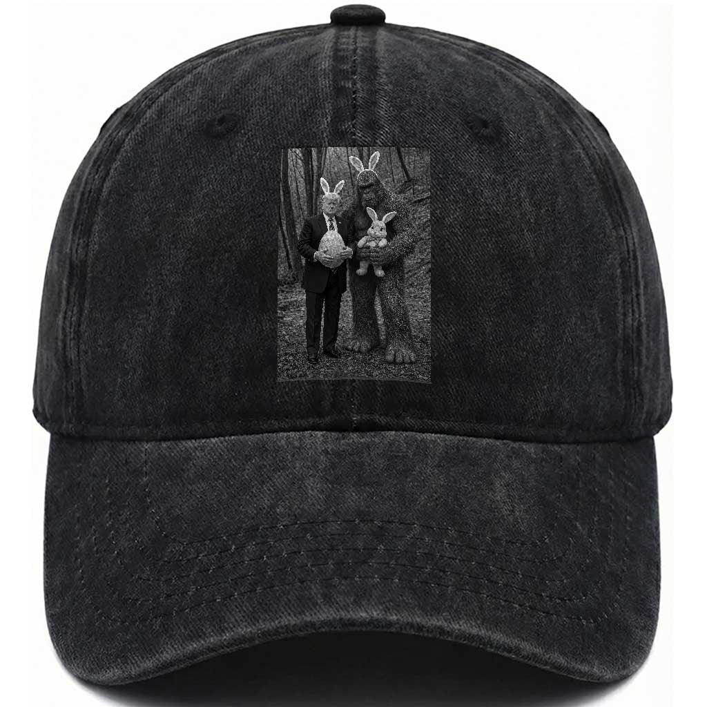 Funny Bigfoot And Trump Easter Selfie Gift Washed Cotton Baseball Cap TS12 Washed Cap Universal Fit Black Print Your Wear