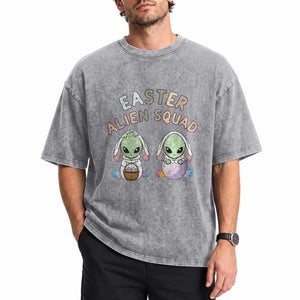 Funny Easter Alien Squad Bunny Ears Gift Washed Cotton T-Shirt