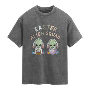 Funny Easter Alien Squad Bunny Ears Gift Washed Cotton T-Shirt