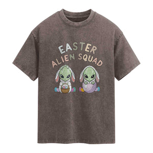 Funny Easter Alien Squad Bunny Ears Gift Washed Cotton T-Shirt