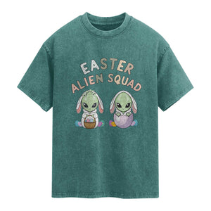 Funny Easter Alien Squad Bunny Ears Gift Washed Cotton T-Shirt