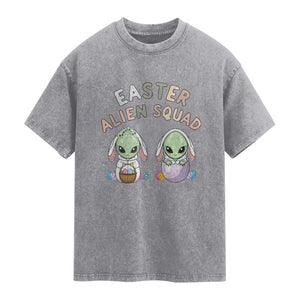 Funny Easter Alien Squad Bunny Ears Gift Washed Cotton T-Shirt