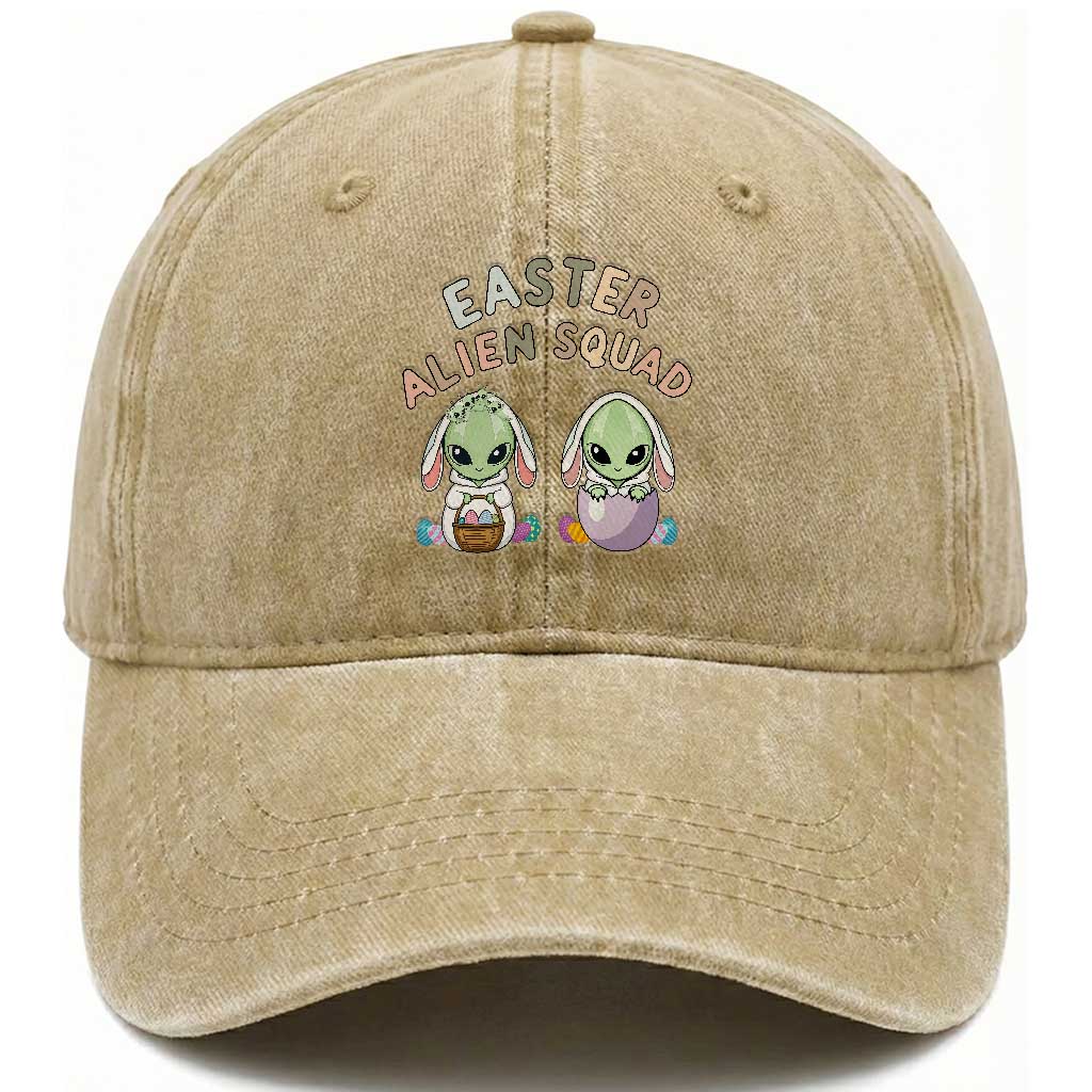 Funny Easter Alien Squad Bunny Ears Gift Washed Cotton Baseball Cap TS12 Washed Cap Universal Fit Khaki Print Your Wear