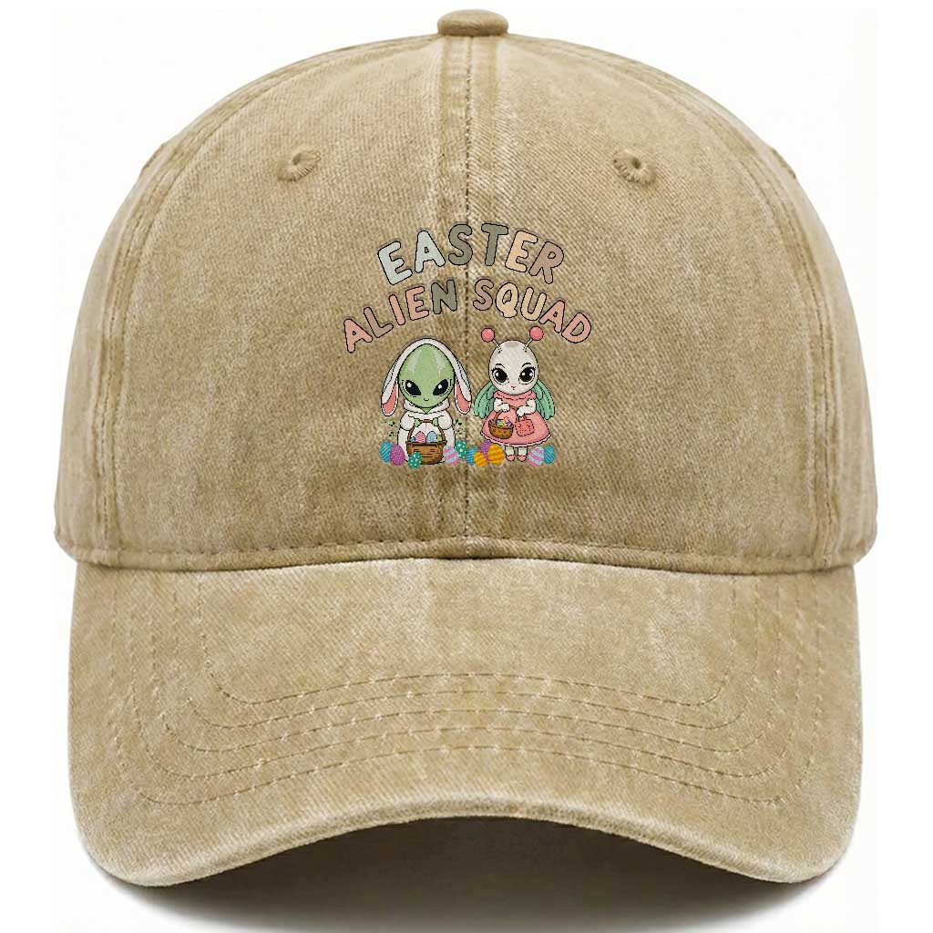 Easter Alien Squad Washed Cotton Baseball Cap Funny UFO Lover Gift TS12 Washed Cap Universal Fit Khaki Print Your Wear