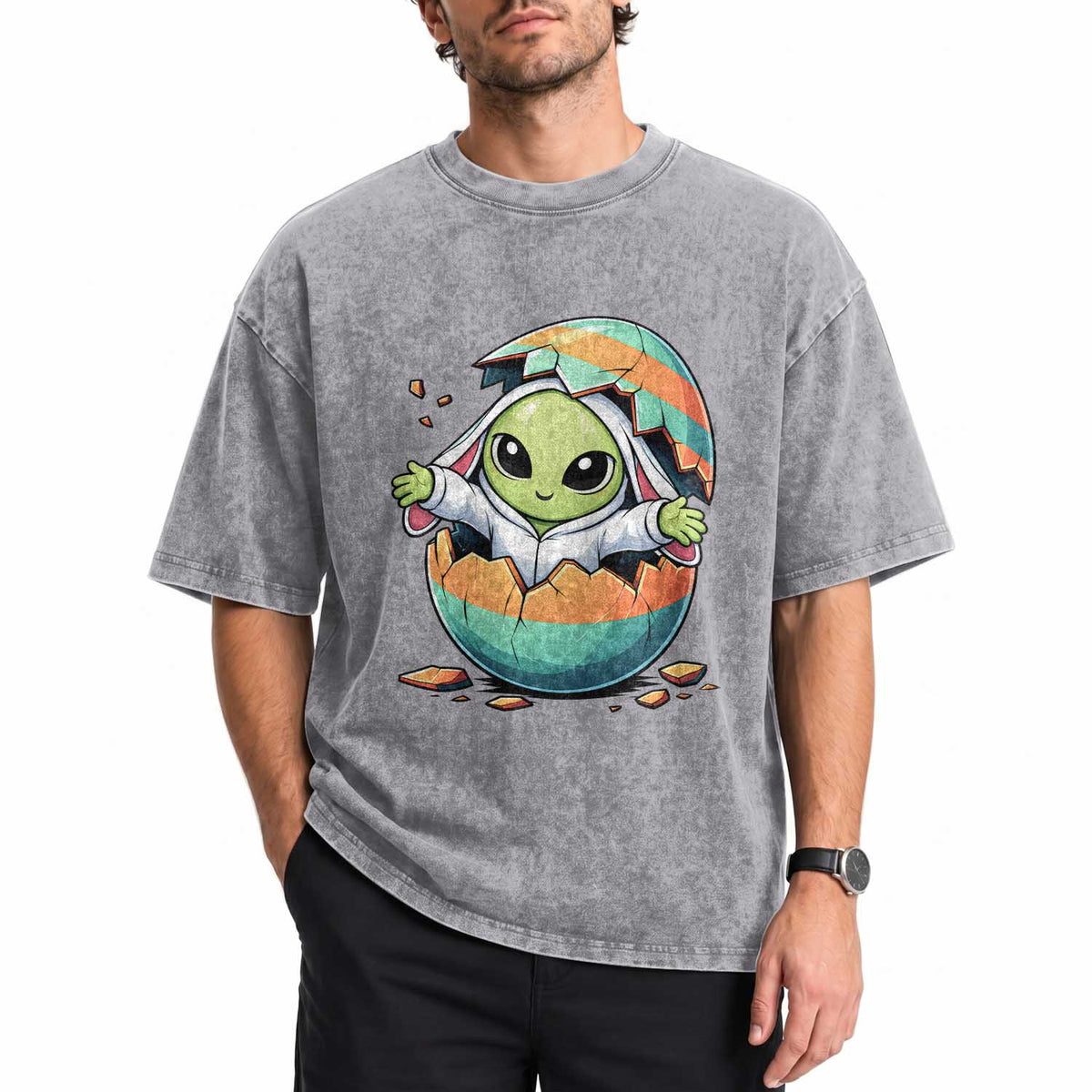 Funny Alien Bunny Ears Easter Washed Cotton T-Shirt Extraterrestrial Gift