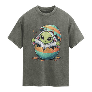 Funny Alien Bunny Ears Easter Washed Cotton T-Shirt Extraterrestrial Gift