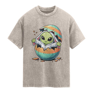 Funny Alien Bunny Ears Easter Washed Cotton T-Shirt Extraterrestrial Gift