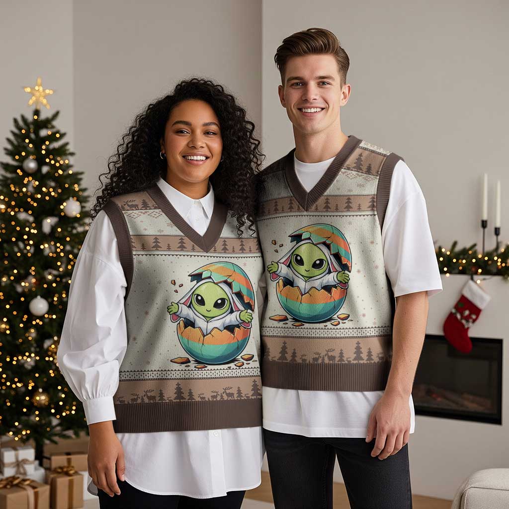 Funny Alien Bunny Ears Easter V-Neck Knit Sweater Vest Extraterrestrial Gift TS12 Mocha Mousse Print Your Wear