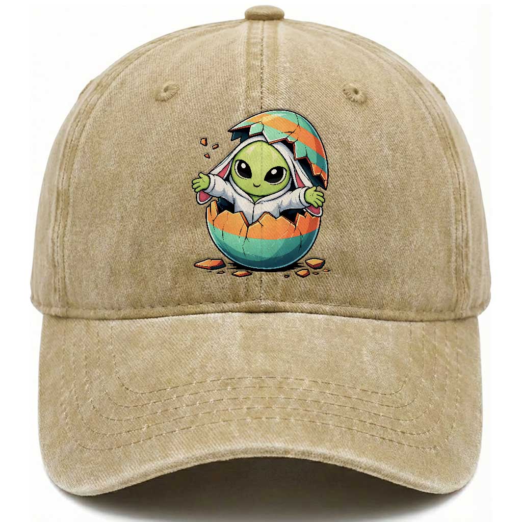 Funny Alien Bunny Ears Easter Washed Cotton Baseball Cap Extraterrestrial Gift TS12 Washed Cap Universal Fit Khaki Print Your Wear