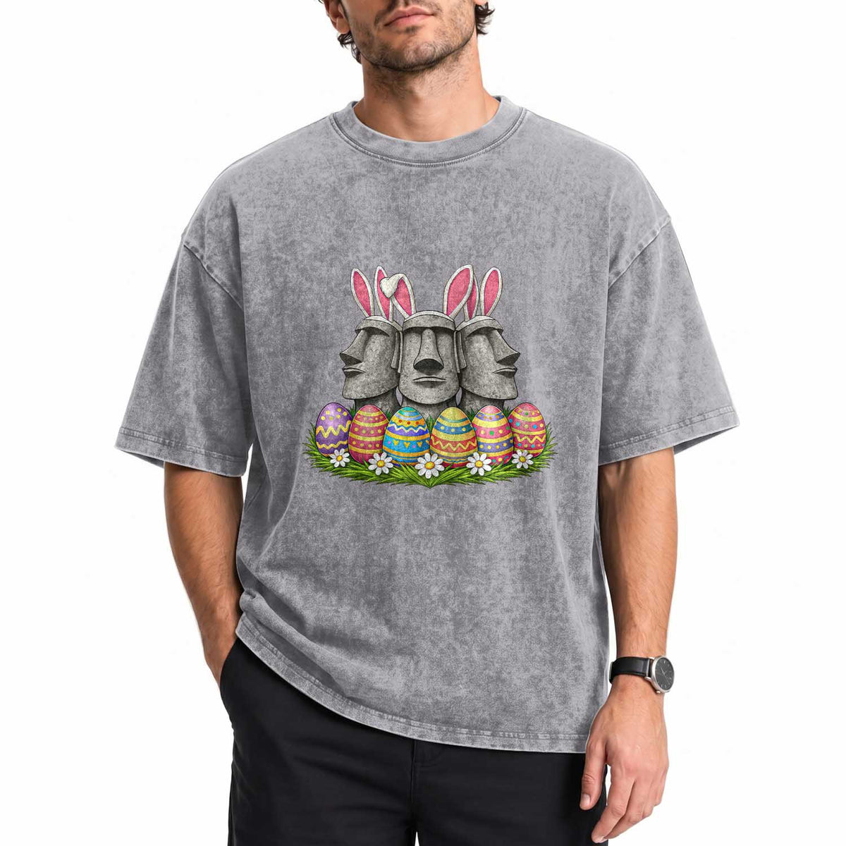 Easter Island Moai Bunny Ears Washed Cotton T-Shirt Funny Archaeology Gift
