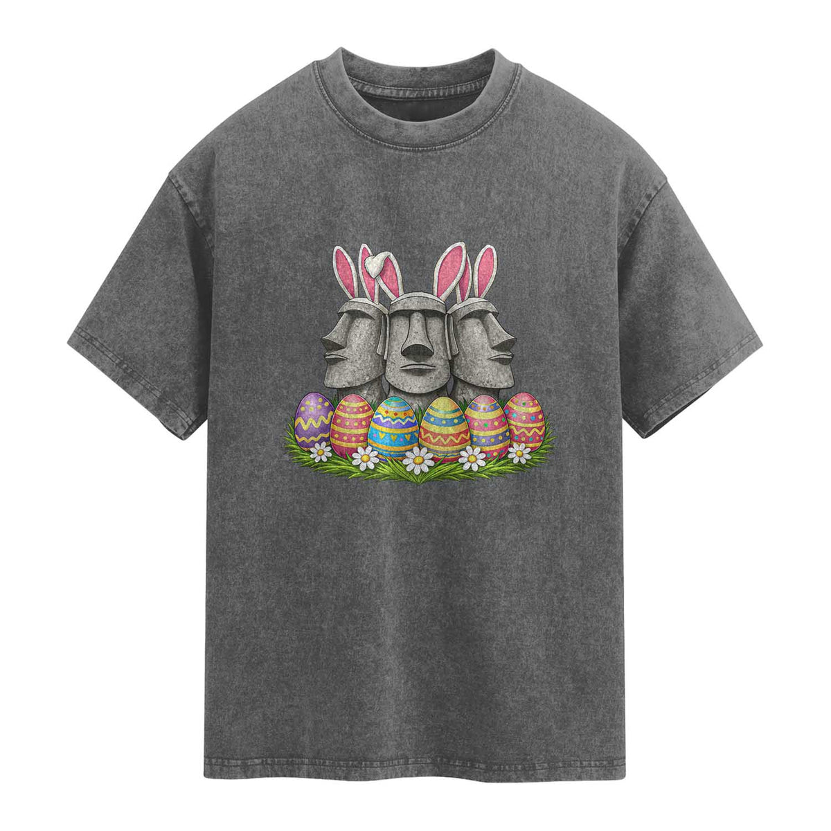 Easter Island Moai Bunny Ears Washed Cotton T-Shirt Funny Archaeology Gift