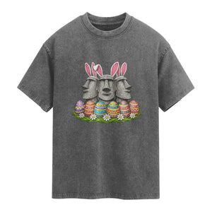 Easter Island Moai Bunny Ears Washed Cotton T-Shirt Funny Archaeology Gift