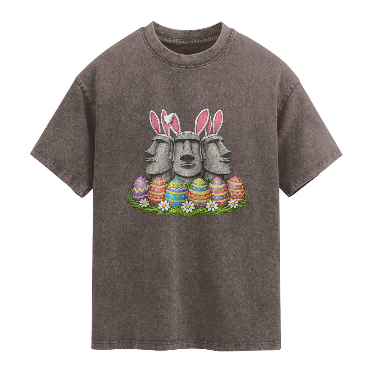 Easter Island Moai Bunny Ears Washed Cotton T-Shirt Funny Archaeology Gift