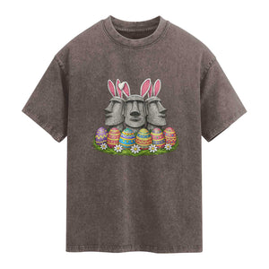 Easter Island Moai Bunny Ears Washed Cotton T-Shirt Funny Archaeology Gift