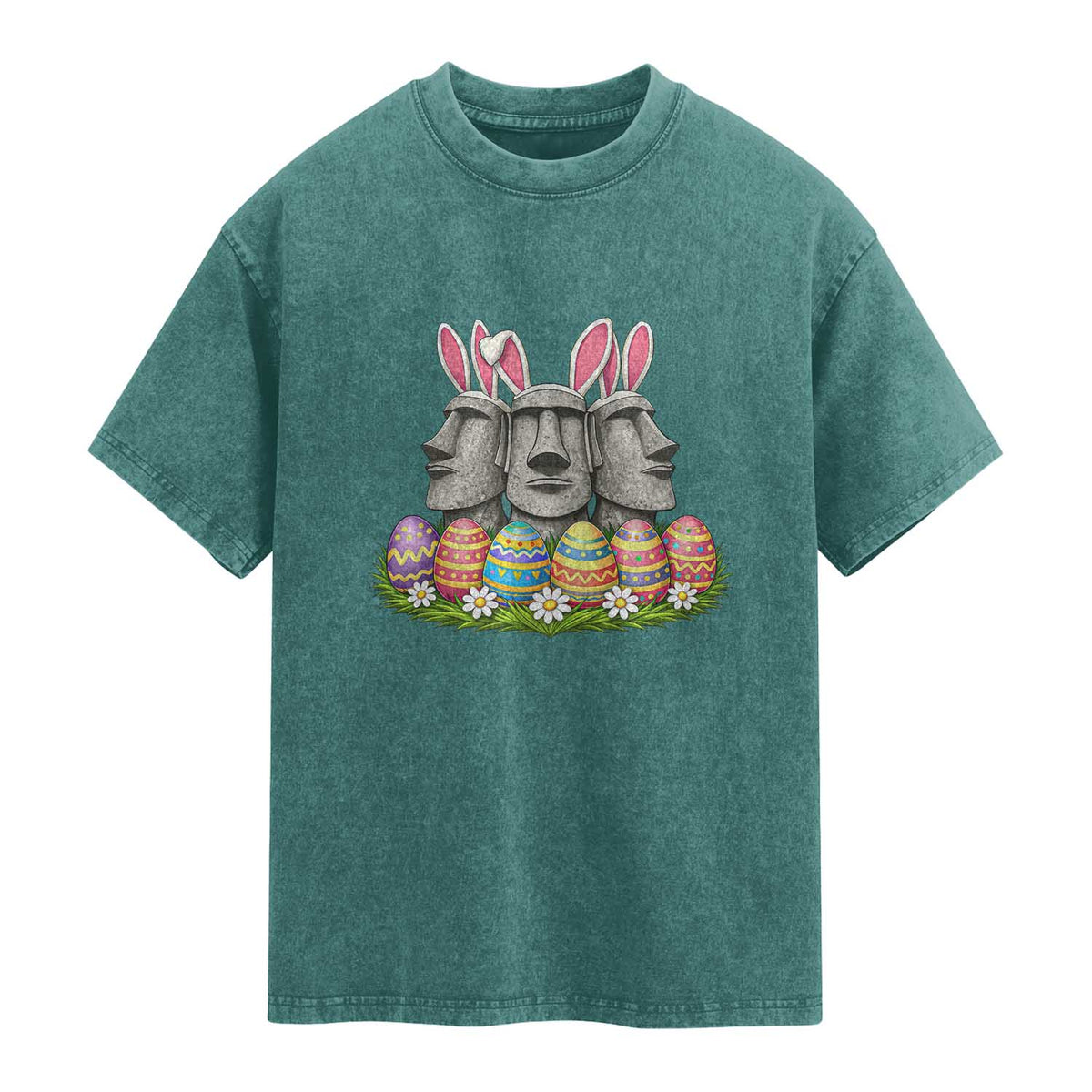 Easter Island Moai Bunny Ears Washed Cotton T-Shirt Funny Archaeology Gift