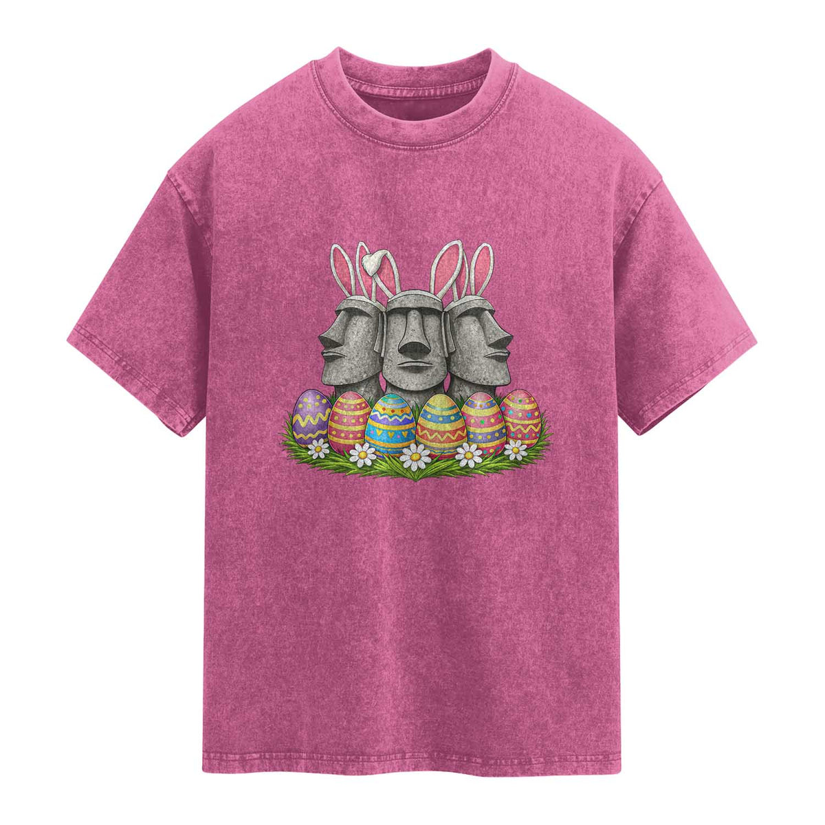 Easter Island Moai Bunny Ears Washed Cotton T-Shirt Funny Archaeology Gift