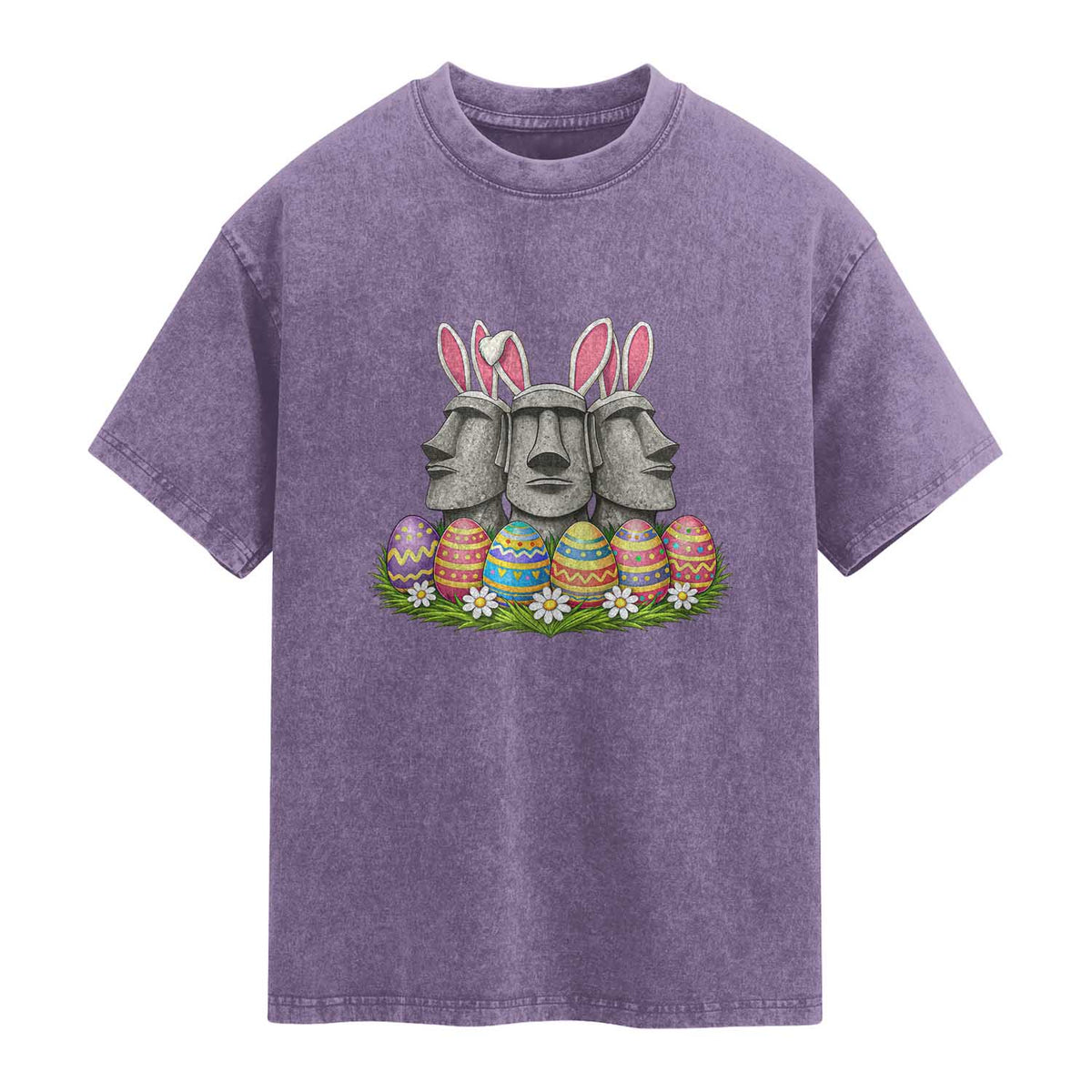 Easter Island Moai Bunny Ears Washed Cotton T-Shirt Funny Archaeology Gift