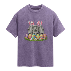 Easter Island Moai Bunny Ears Washed Cotton T-Shirt Funny Archaeology Gift