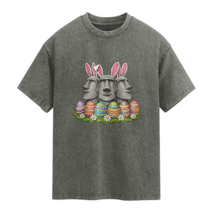 Easter Island Moai Bunny Ears Washed Cotton T-Shirt Funny Archaeology Gift