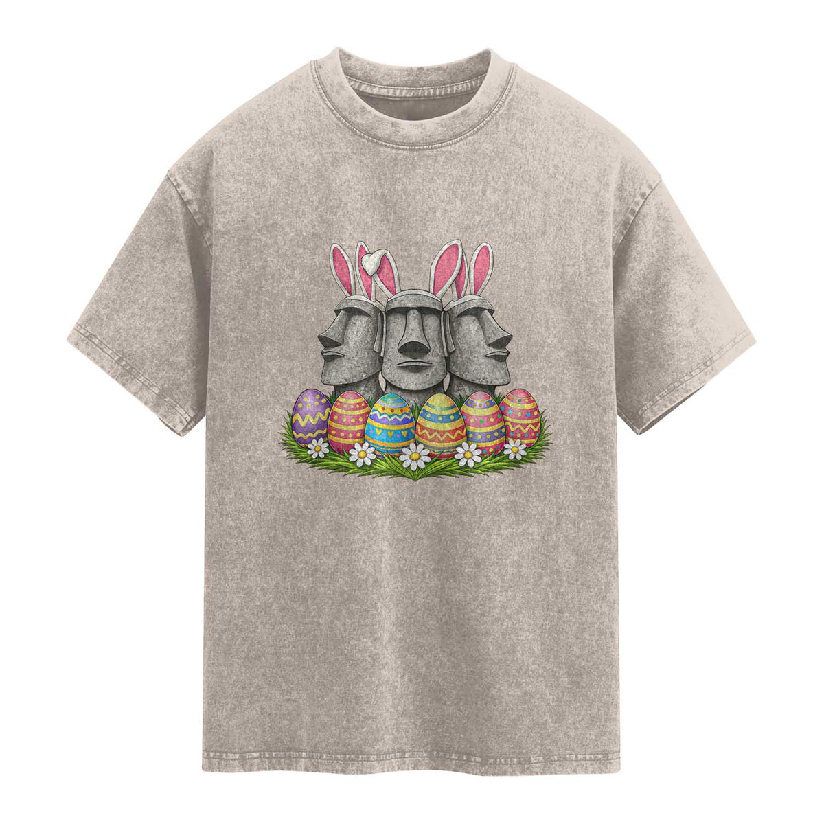 Easter Island Moai Bunny Ears Washed Cotton T-Shirt Funny Archaeology Gift