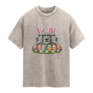 Easter Island Moai Bunny Ears Washed Cotton T-Shirt Funny Archaeology Gift