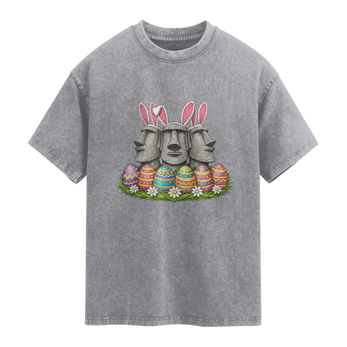 Easter Island Moai Bunny Ears Washed Cotton T-Shirt Funny Archaeology Gift