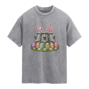 Easter Island Moai Bunny Ears Washed Cotton T-Shirt Funny Archaeology Gift