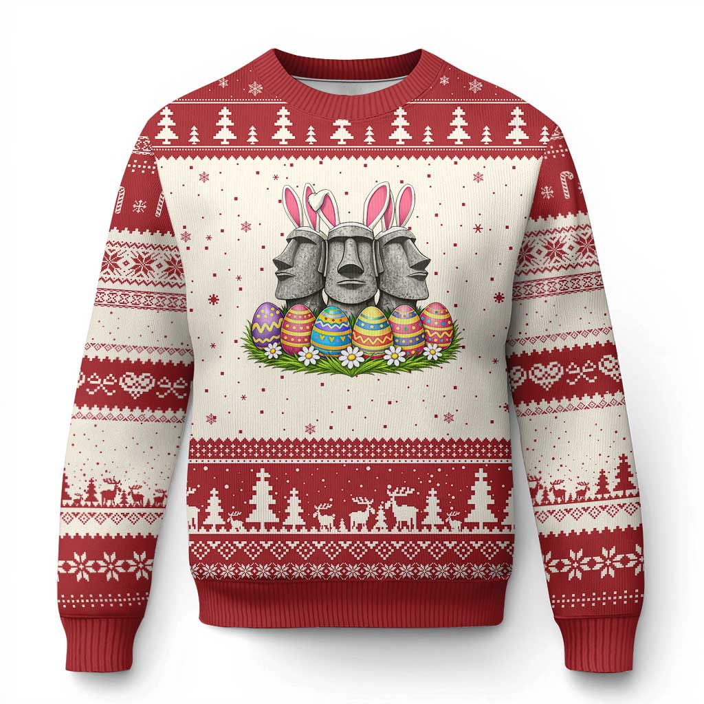 Easter Island Moai Bunny Ears Ugly Christmas Sweater Funny Archaeology Gift TS12 Beige Red Print Your Wear